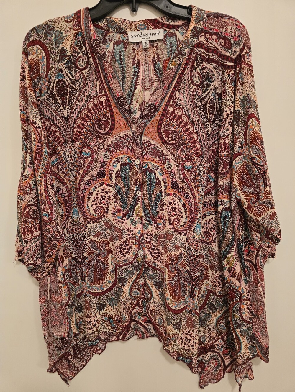 Grand & Greene Paisley Print V-Neck Women's Top in Burgundy Pink